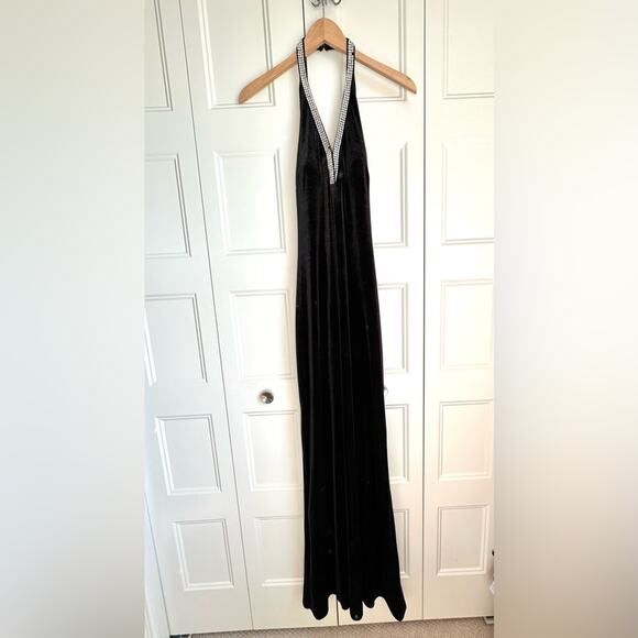 JS Collection 90s Long Black Halter Dress Vintage 1990s Rhinestones Formal - Picture 3 of 12